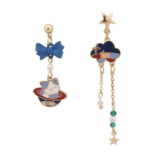1 Pair Stars and Space Cat Earrings - Belle Rose Nails