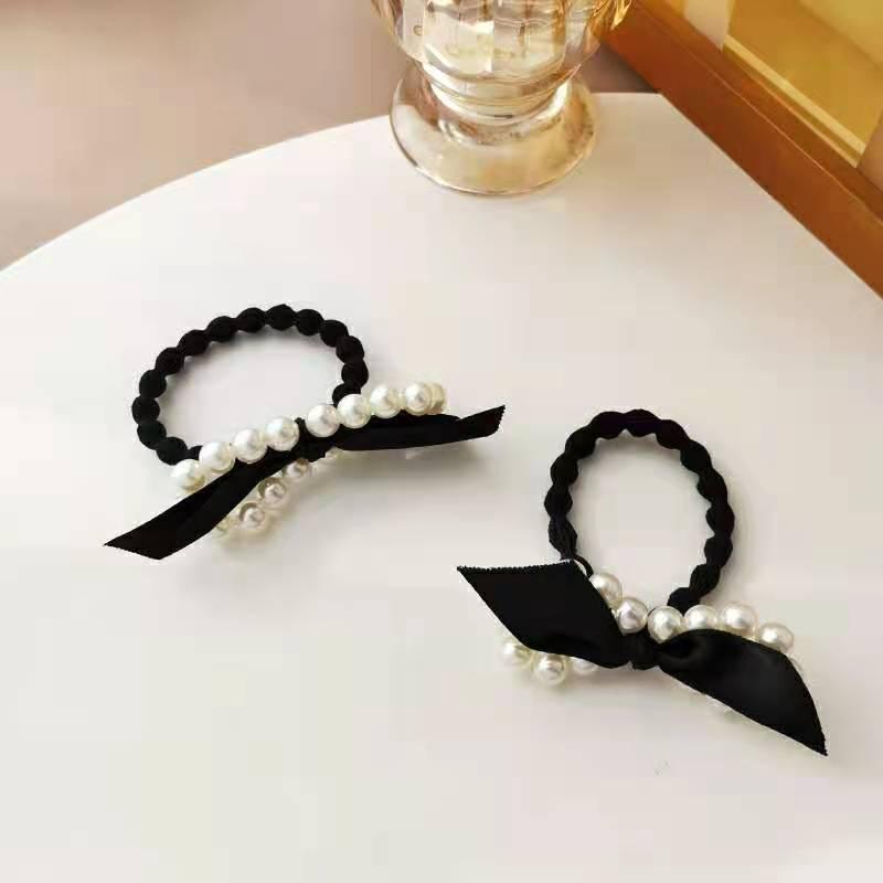 1 PCS Elegant Black Bowtie with Faux Pearls Hair Tie - Belle Rose Nails