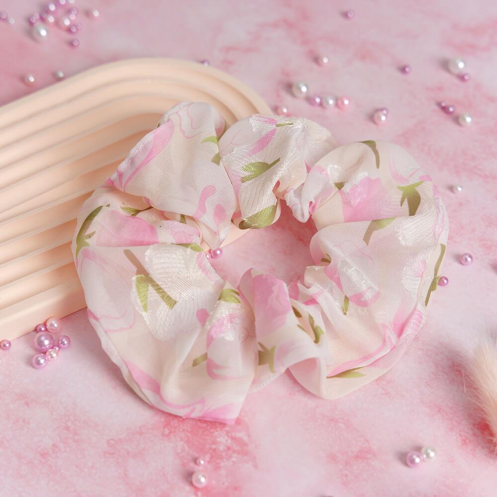 1 PCS Flower Blossom Soft Chiffon with Glitters Scrunchie - Belle Rose Nails
