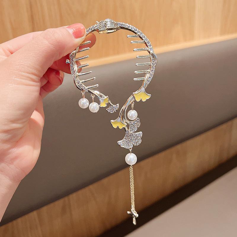 1 PCS Glittering Ginkgo with Long Tassels Hair Bun Styling Decor Hair Claw Clip - Belle Rose Nails