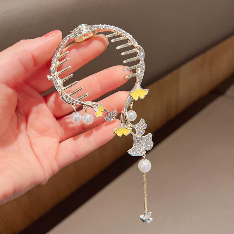 1 PCS Glittering Ginkgo with Long Tassels Hair Bun Styling Decor Hair Claw Clip - Belle Rose Nails