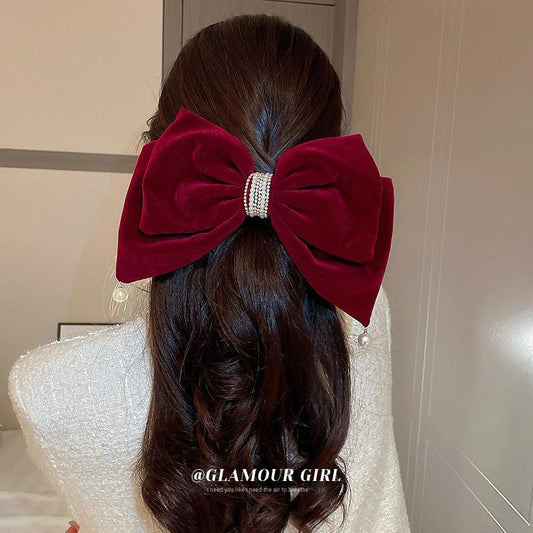 1 PCS Large Wine Red Velvet with Pearls Hair Bow Bowtie Hair Clip - Belle Rose Nails