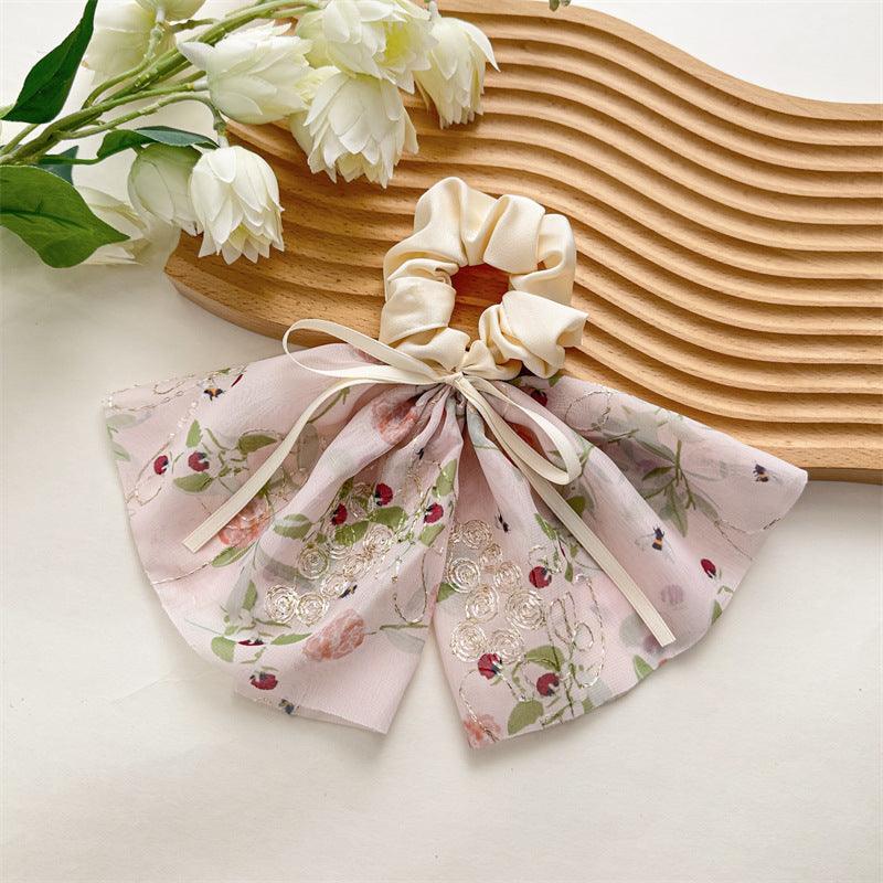 1 PCS Multi Layer Embroidery Flowers Bowtie Hair Bow Ribbon Scrunchie Hair Tie - Belle Rose Nails