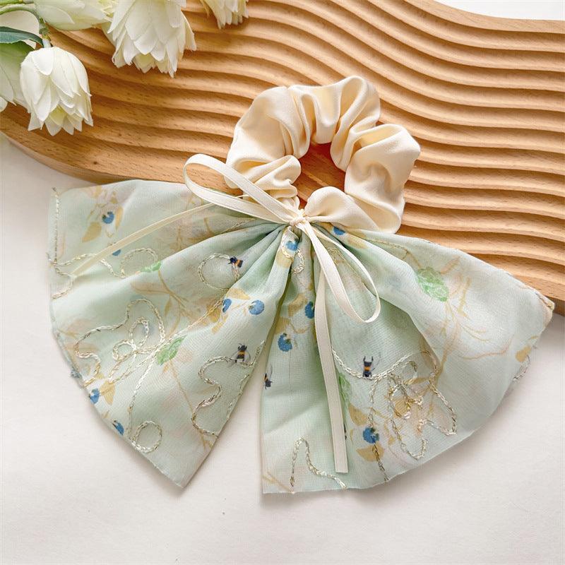 1 PCS Multi Layer Embroidery Flowers Bowtie Hair Bow Ribbon Scrunchie Hair Tie - Belle Rose Nails