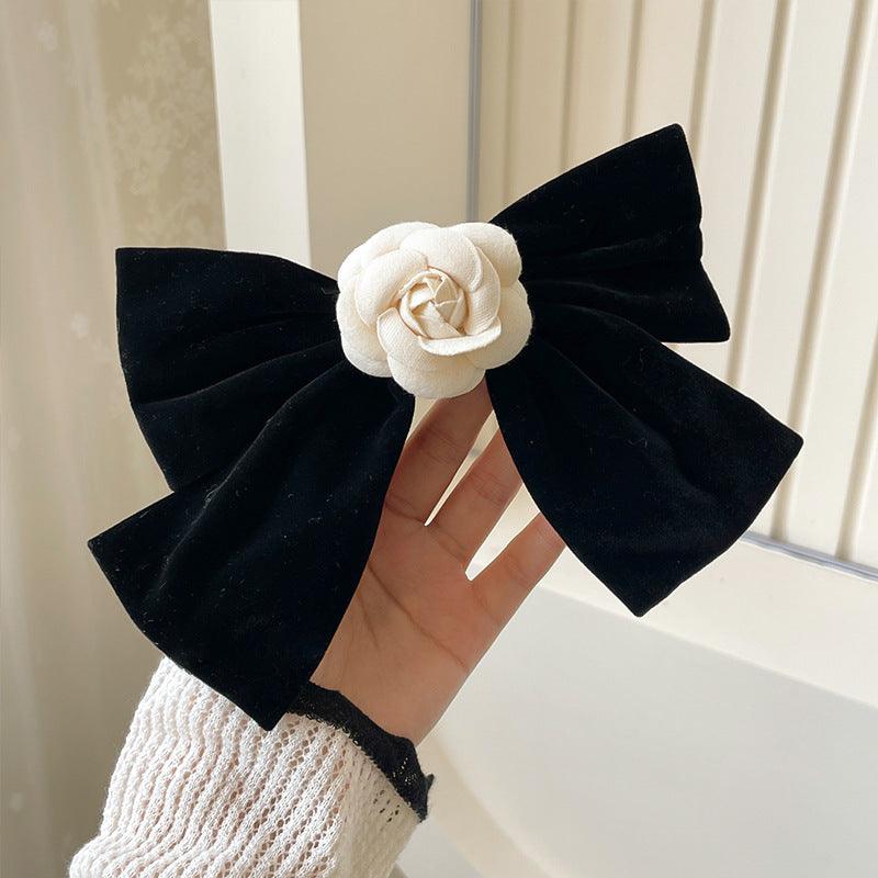 1 PCS Velvet Black Cream White Camellia Hair Bow Bowtie Hair Clip - Belle Rose Nails