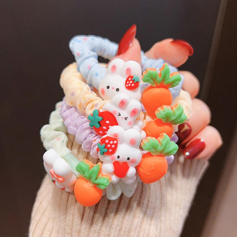 5 Pack Cute Kawaii Strawberry Bunny Rabbit with Carrot Colorful Hair Ties - Belle Rose Nails