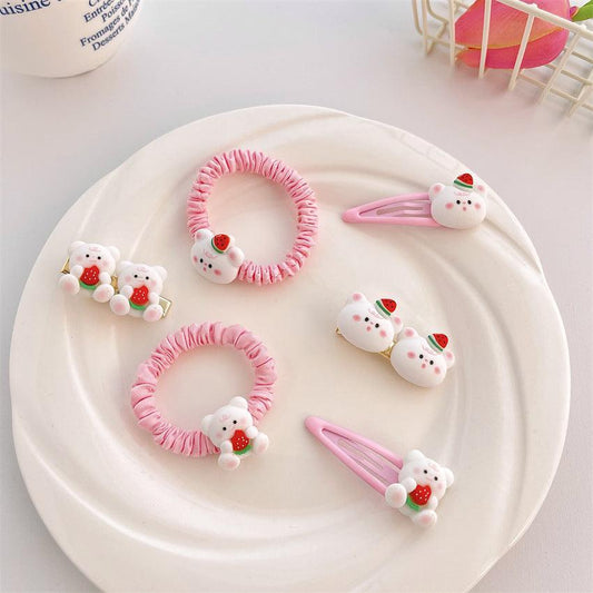 6 Pack Watermelon Bear Hair Ties and Hair Clips - Belle Rose Nails