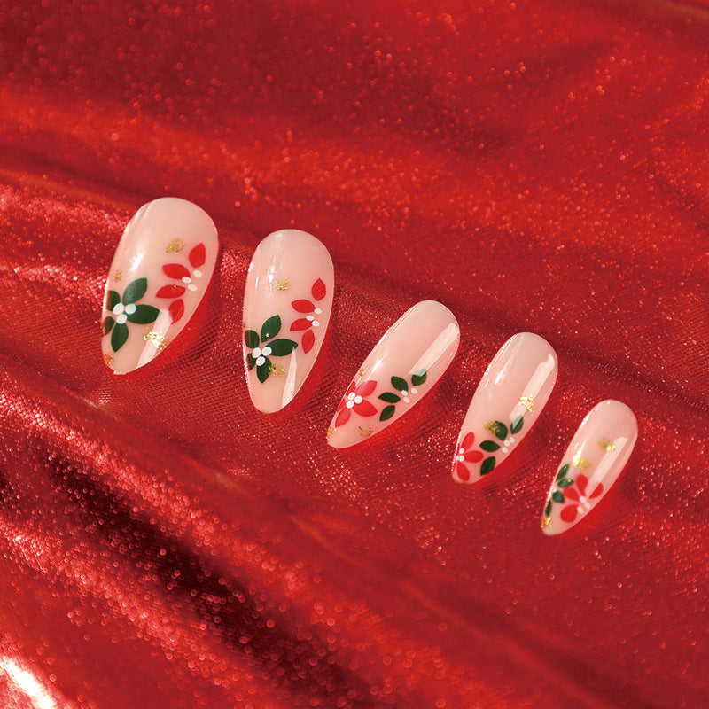 [Christmas 2024] Christmas Theme Red and Green Flower Design Long Press On Nails