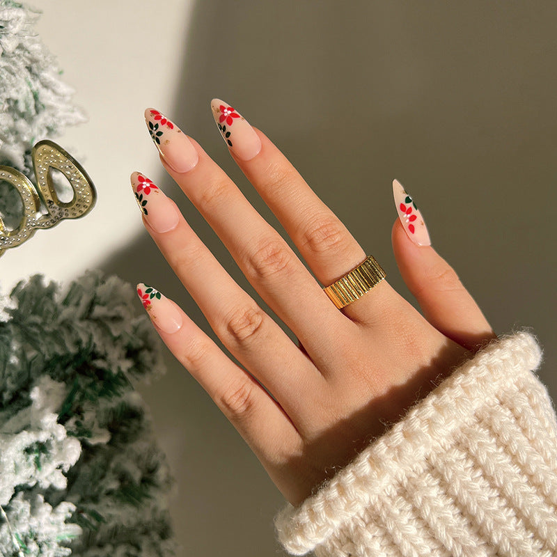 [Christmas 2024] Christmas Theme Red and Green Flower Design Long Press On Nails