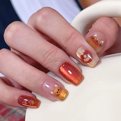 [FULL SET GLITTERING] Maple Brown and Gold Glittering Lovely Funny Cat Medium Short Press On Nails