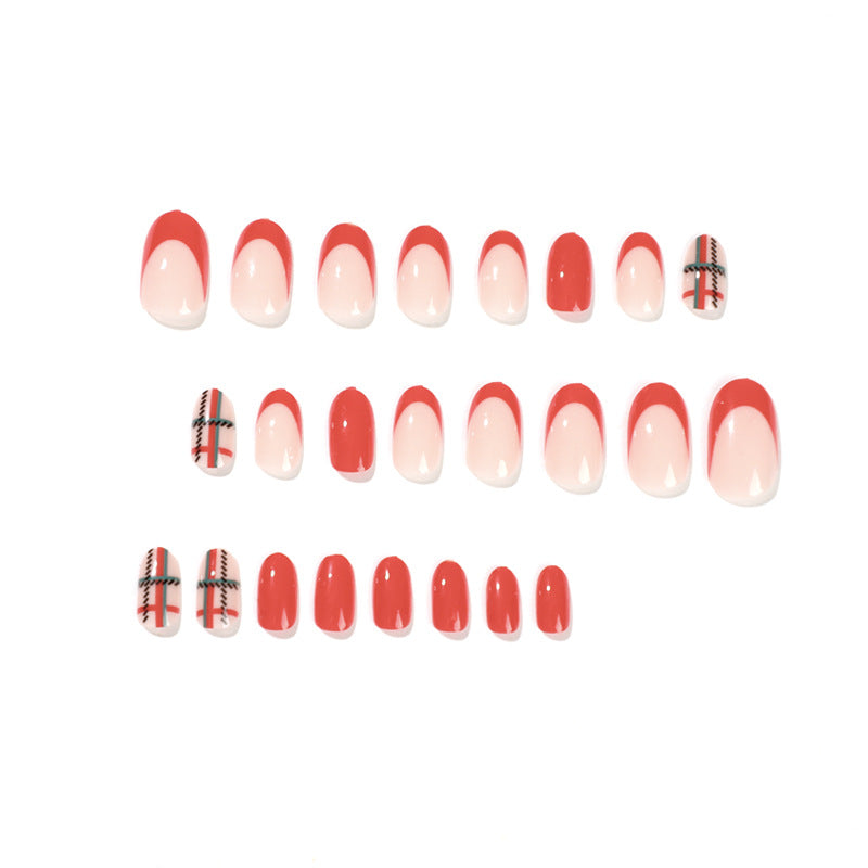 [Christmas 2024] Christmas Theme Red and Green Plaid French Style Medium Short Press On Nails