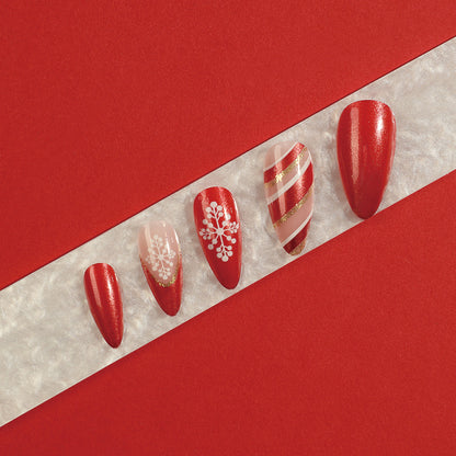 [Christmas 2024] Christmas Theme Red and Gold Foil Glittering Snow flowers Long Press On Nails