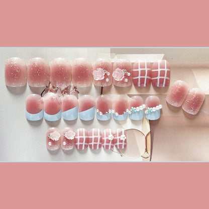 Sea Salt Blue and Pink Camellia Flowers Short Press On Nails