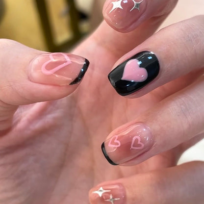 [2024  SALE] Sweet and Cool Pink Black Hearts Short Press On Nails