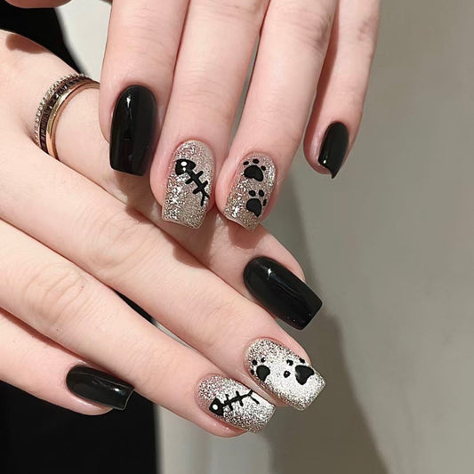 Kawaii Cat Paw and Fish Bone Black and Glittering Mix Medium Short Press On Nails