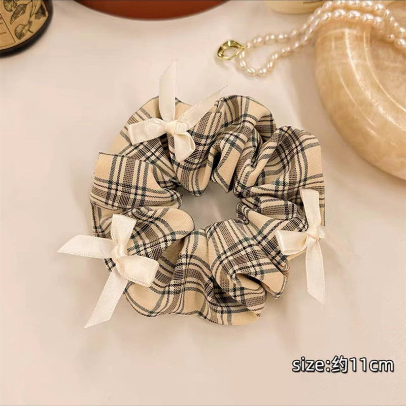 1 PCS Maillard Style Plaid and Cream Bows Scrunchies Hair Tie