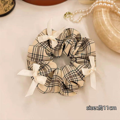 1 PCS Maillard Style Plaid and Cream Bows Scrunchies Hair Tie
