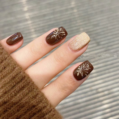 [FULL SET GLITTERING] Gold and Caramel Sparkly Fireworkds Short Press On Nails