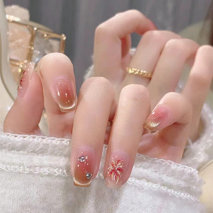 [FULL SET GLITTERING] Pink Colourful Sparkly Fireworks Medium Length Press On Nails-NEW YEAR SPECIAL!
