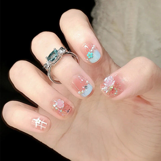 Sea Salt Blue and Pink Camellia Flowers Short Press On Nails