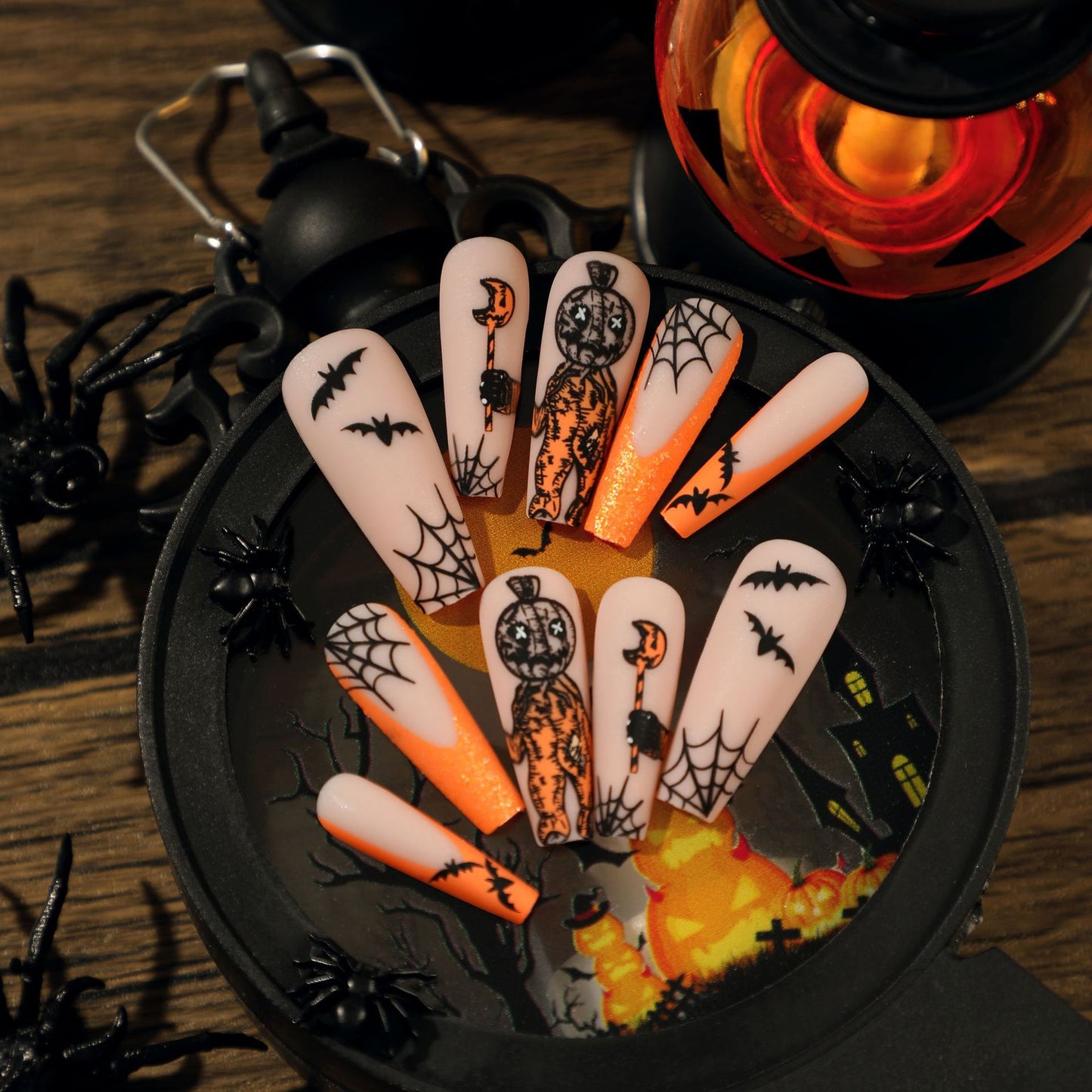 [Halloween 2023] Wicked Pumpkin and Spider Long Press On Nails