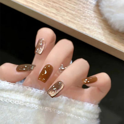 Glittering Coffee Brown Medium Length Press On Nails