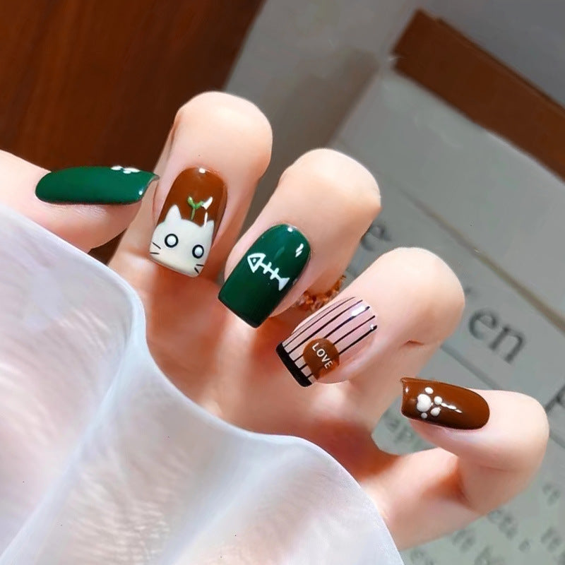 [2024  SALE] Cute Leafy Cat Medium Short Press On Nails