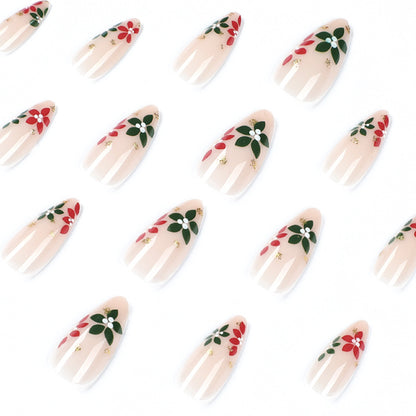 [Christmas 2024] Christmas Theme Red and Green Flower Design Long Press On Nails