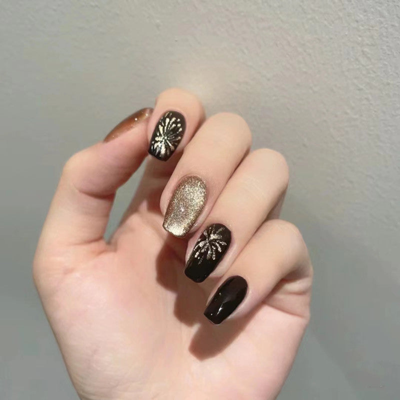 [NEW YEAR SPECIAL] Sparkly Fireworks Gold and Black Medium Length Press On Nails