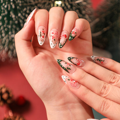 [Christmas 2024] Christmas Theme Green White Red Tree and Cherry Medium Length Press On Nails