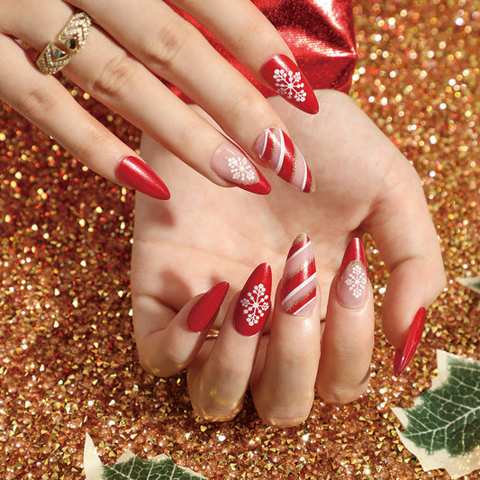 [Christmas 2024] Christmas Theme Red and Gold Foil Glittering Snow flowers Long Press On Nails