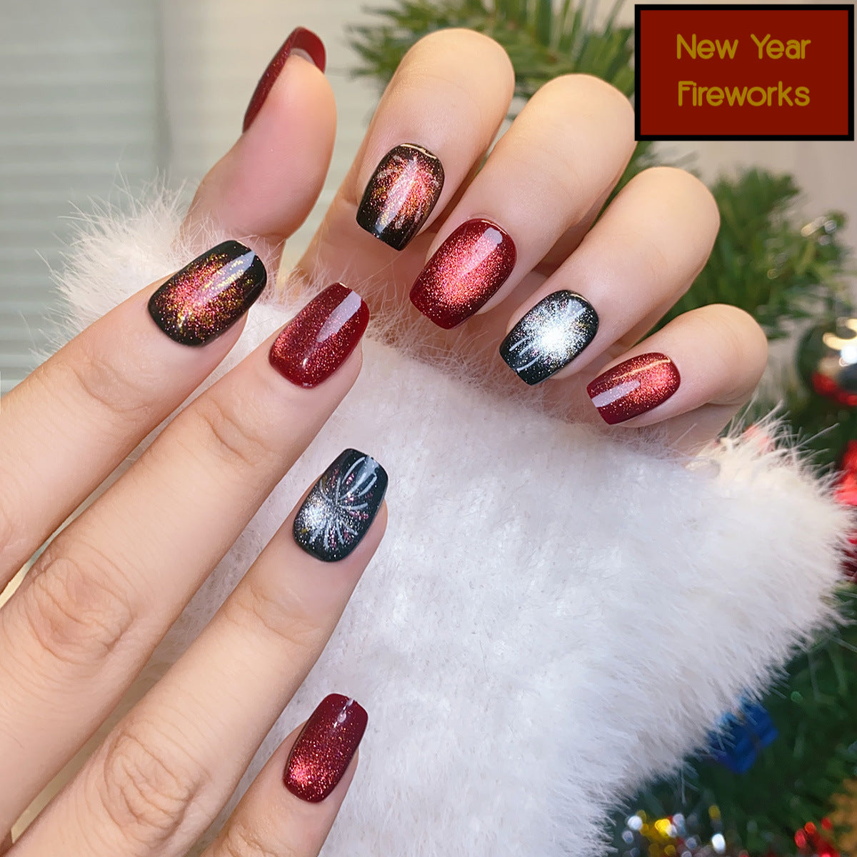 [NEW YEAR SPECIAL] Sparkly Red and Black Fireworks Short Press On Nails