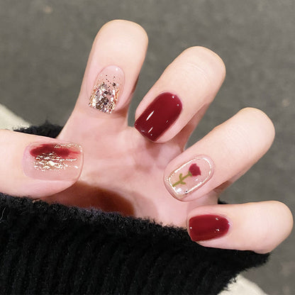 [2024 SALE] Romantic Gold Glittering Red Rose Short Press On Nails