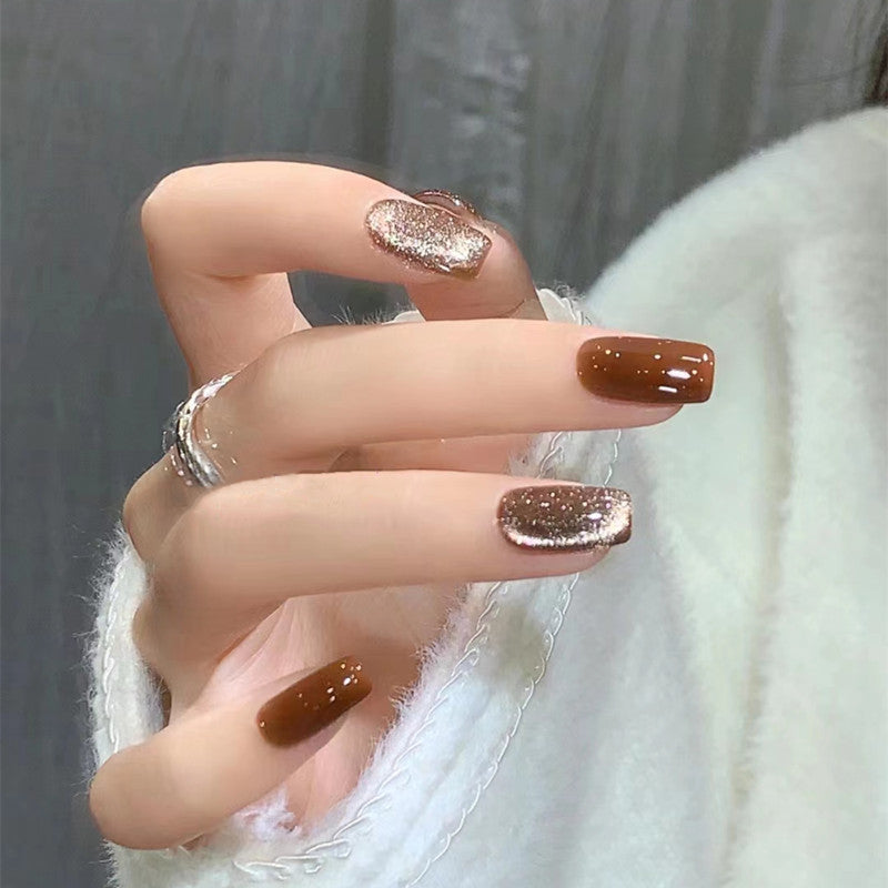 Glittering Coffee Brown Medium Length Press On Nails