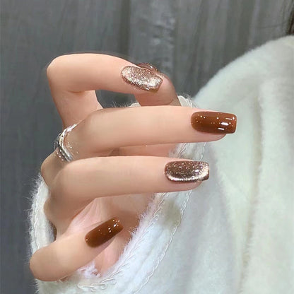 Glittering Coffee Brown Medium Length Press On Nails