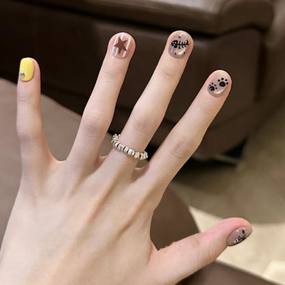 [FULL SET GLITTERING] Cute Black Cat and Fish Bone Glittering Short Press On Nails