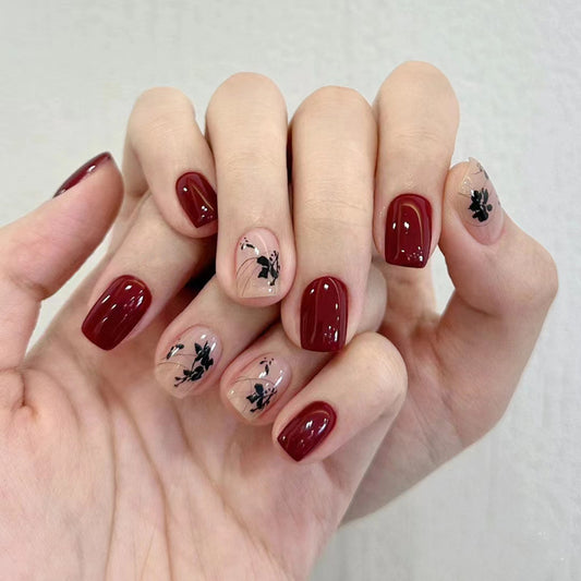 [2024 SALE] Traditional Painting Inspired Plants and Leaves Short Press On Nails