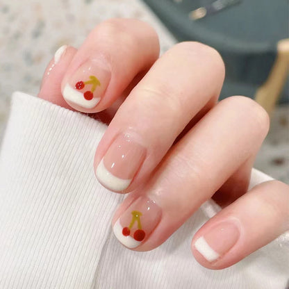[2024 SALE] Sweet Cherry White French Style Short Press On Nails