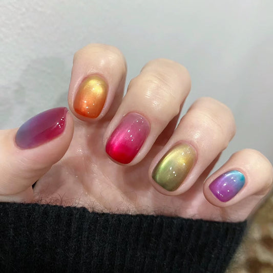 [FULL SET GLITTERING] Moonlight Glitter Rainbow Ombre Color Short Press On Nails