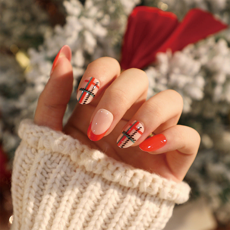 [Christmas 2024] Christmas Theme Red and Green Plaid French Style Medium Short Press On Nails