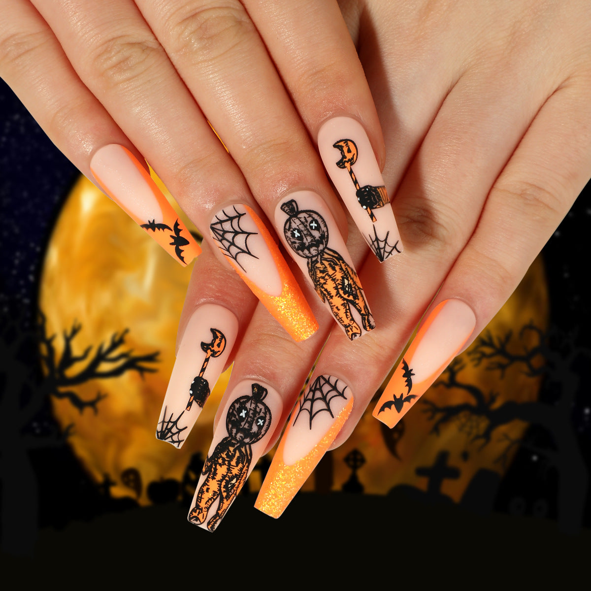 [Halloween 2023] Wicked Pumpkin and Spider Long Press On Nails