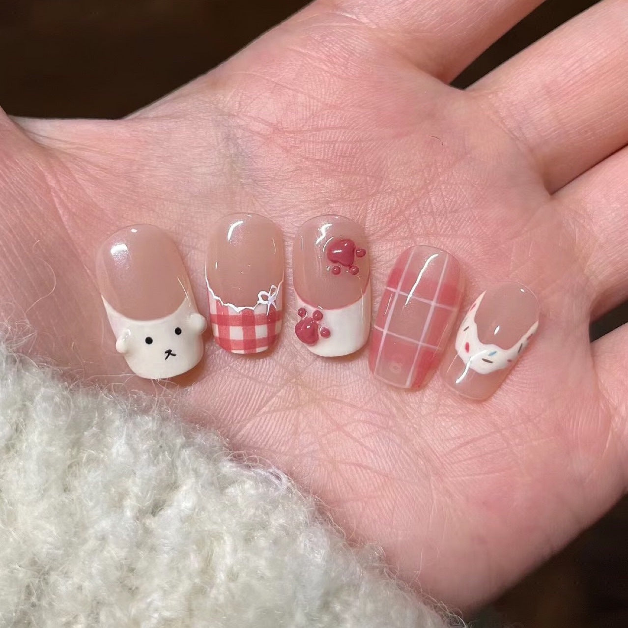 Cute Puppy Plaid Style Medium Short Press On Nails