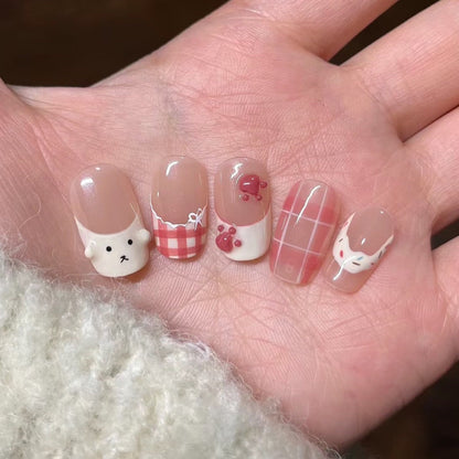 Cute Puppy Plaid Style Medium Short Press On Nails