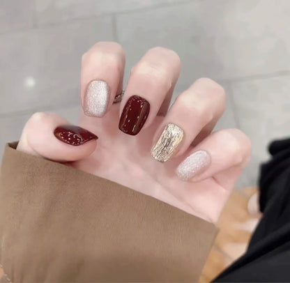 Warm Wine Brown and Metallic Gold Short Press On Nails