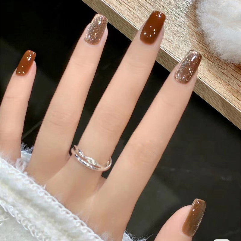 Glittering Coffee Brown Medium Length Press On Nails