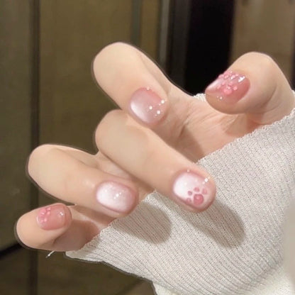 [FULL SET GLITTERING] Petal Pink Glittering 3D Cat Paw Cute Short Press On Nails