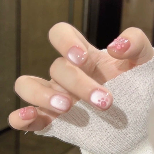 [FULL SET GLITTERING] Petal Pink Glittering 3D Cat Paw Cute Short Press On Nails