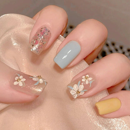 Icy Blue Glitters Flowers Short Press On Nails