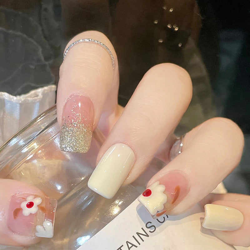 [2024 SALE] Almond White Sweet Flowers Short Press On Nails