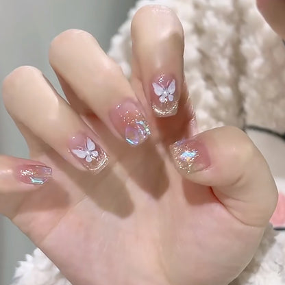 Moonlight Glitter Butterfly Short Press On Nails